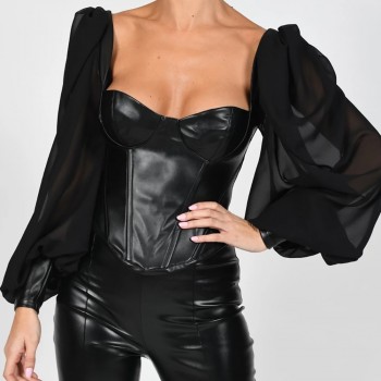 Cryptographic Square Collar PU Leather Sexy Backless Puff Sleeve Blouses Women Off Shoulder Tops Female Shirts Blusa Sheer Mesh